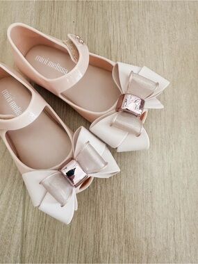 Mini Melissa Blush Pink Mary Janes with White Bow & Rose Gold Accent